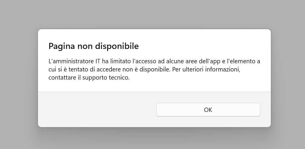L'amministratore IT ha limitato l'accesso ad alcune aree dell'app ...