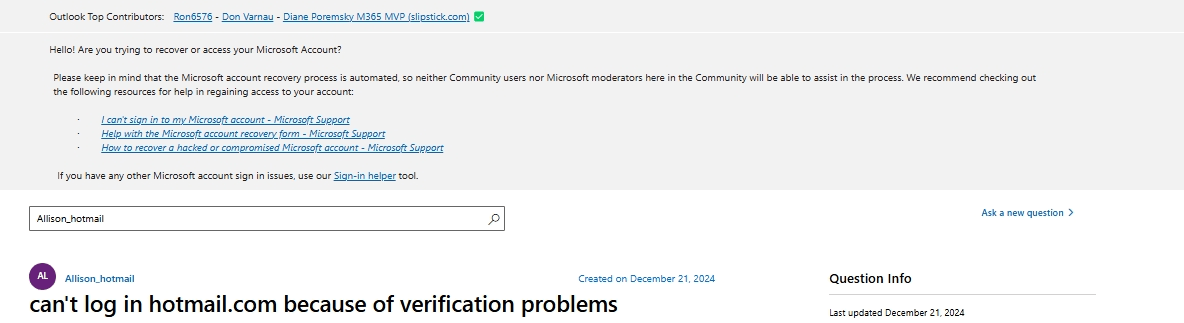 can't log in hotmail.com because of verification problems - Microsoft Q&A