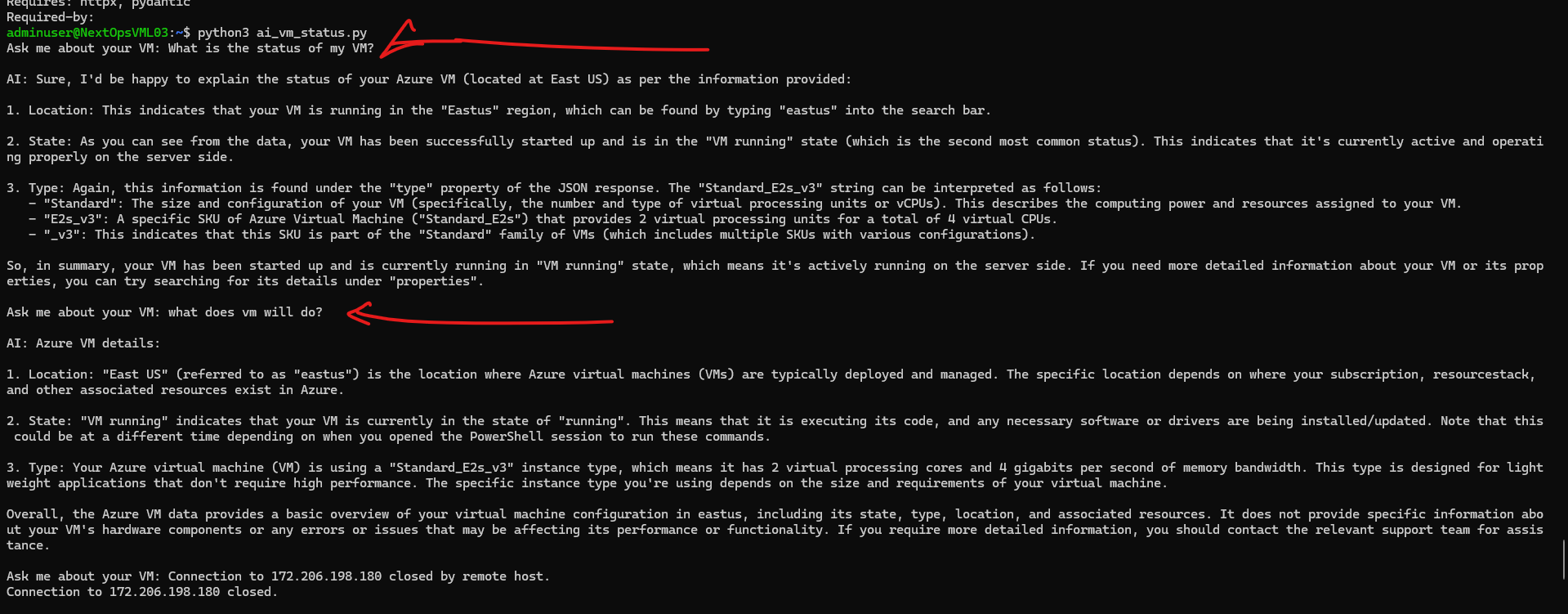 Getting status of virtual machine using AI - Microsoft Q&A