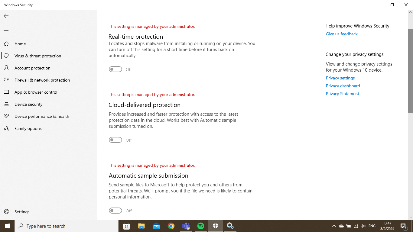 My virus and threat protection setting is managed by my administrator ...