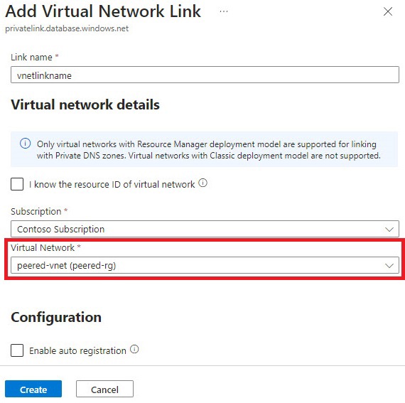 qna sql server private dns vnet link create