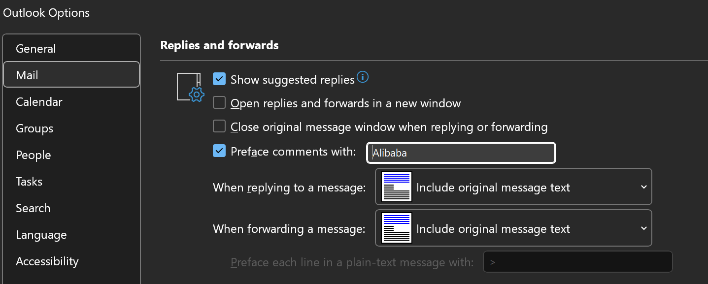 How to preface comments in the original text of an email in Outlook web ...