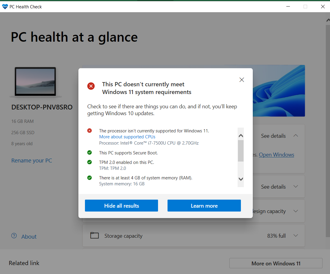PC Health Check results - screenshot 1