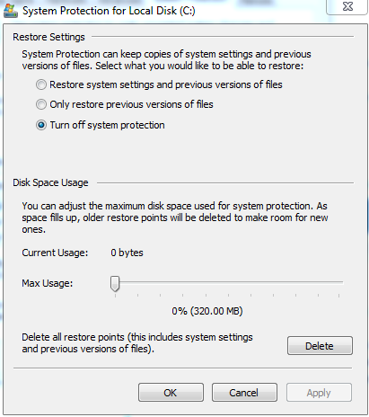 Can't set o% to max disk usage for system protection - Microsoft Q&A