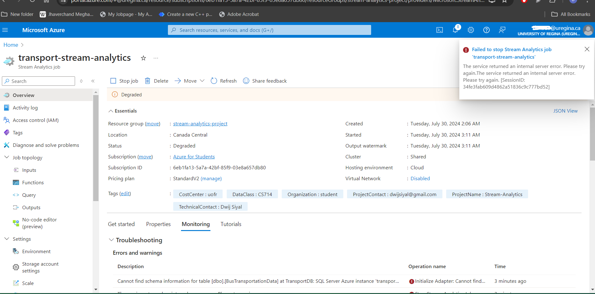 How can I stop an Azure Stream Analytics job if it shows an internal ...