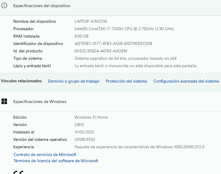Captura de pantalla desde el panel de sistemas procesador y versiones 2026-10-06 101818
