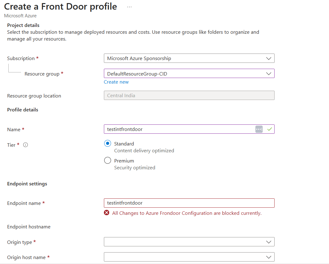 Not able to create Azure front door - Microsoft Q&A