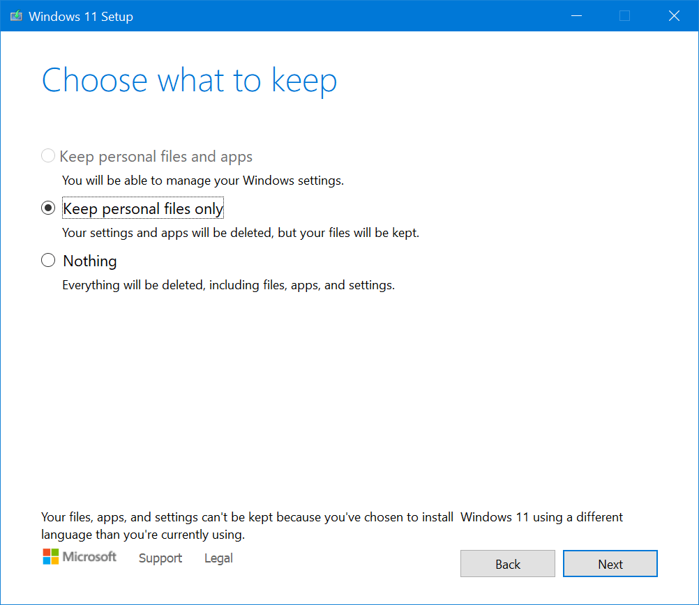 Unable to keep personal files and apps when attempting Windows 11 ...