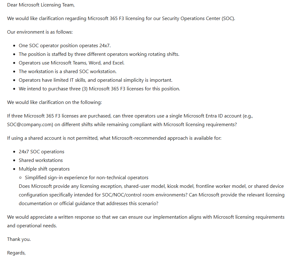 Clarification on Microsoft 365 F3 Licensing for 24x7 SOC Shared Role ...
