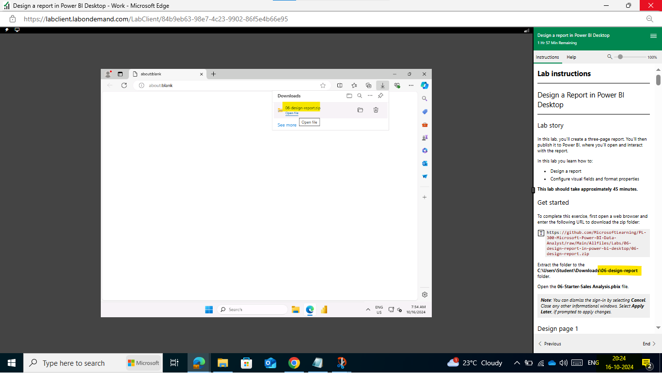 Unable to download Design a Report in Power BI Desktop Lab. "The ...