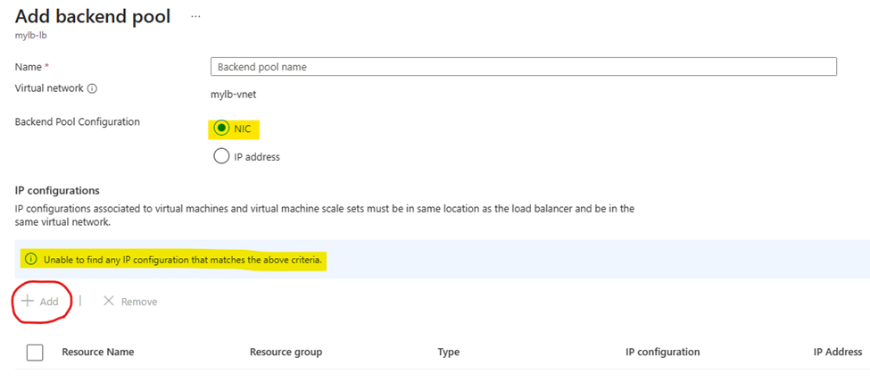 LB backend pool with NIC