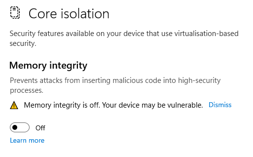 Core Isolation - Memory integrity