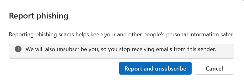 The only option for reporting Phishing emails is now 