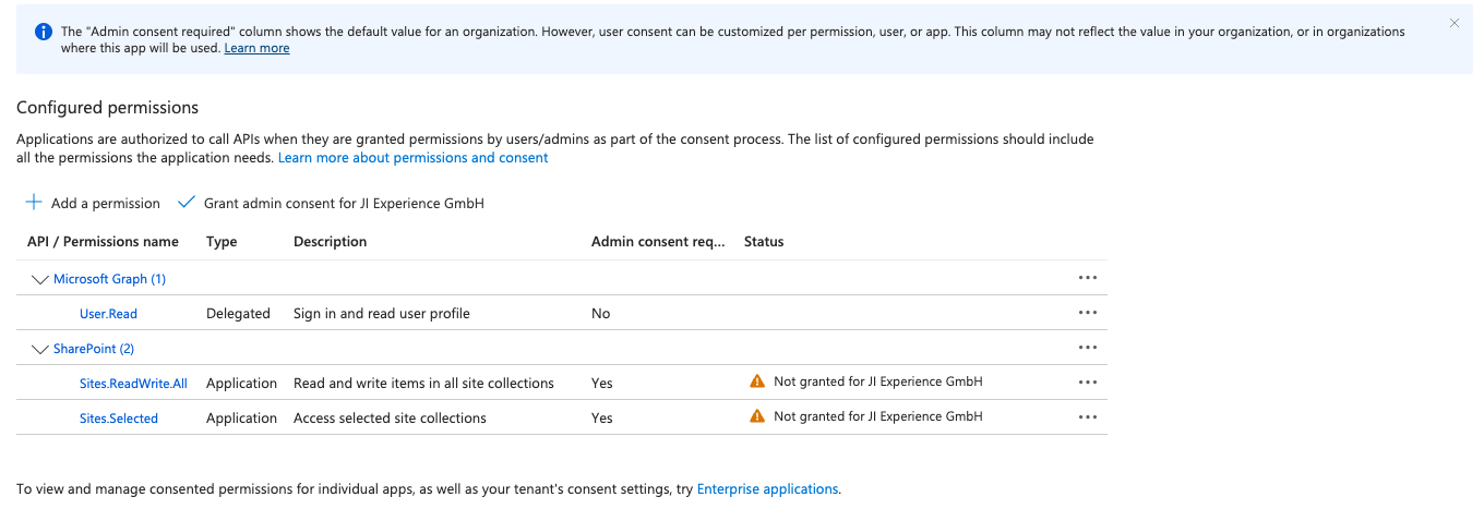 Grant admin consent for Sites.Selected for the selected app