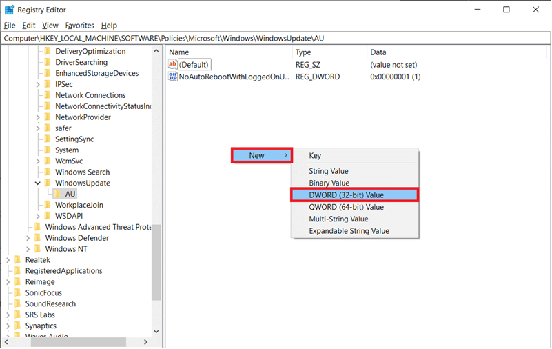 Move your cursor to the adjacent panel, right-click anywhere, and select New followed by DWORD (32-bit) Value.