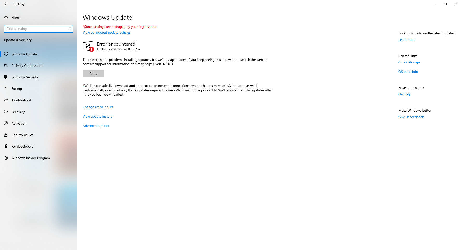 Windows 10 machine having issue installing updates. When click on Retry ...