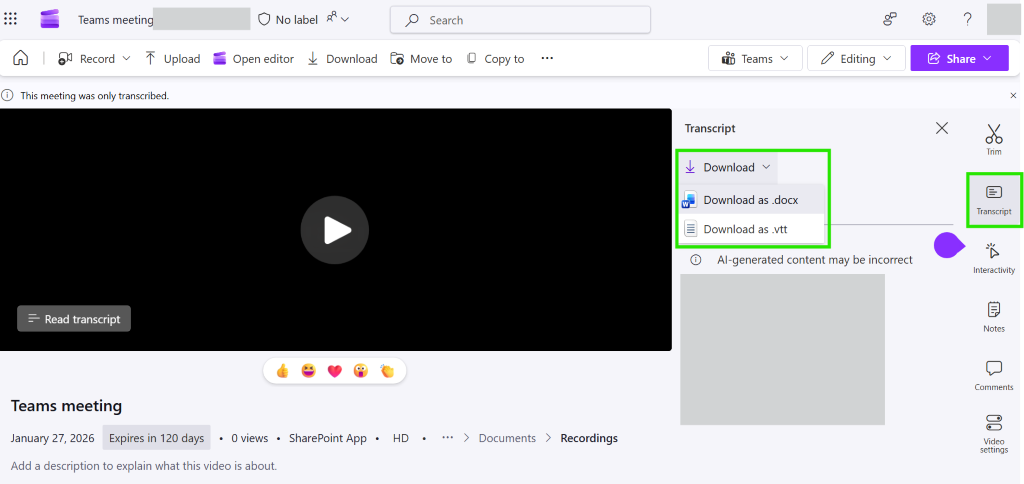 HOw do I turn a teams recoding into transcript from media player ...