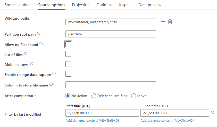 Screenshot of source options tab in mapping data flow source transformation.