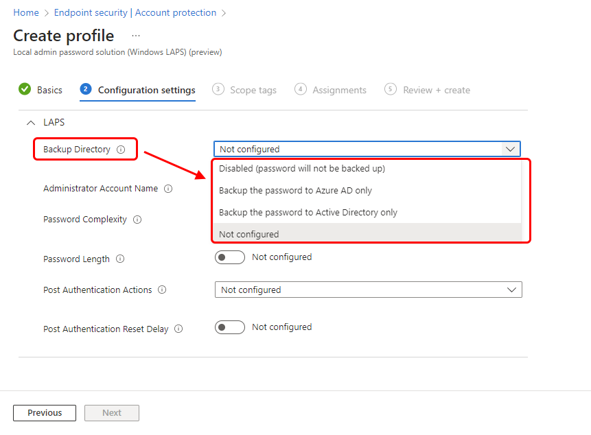 Screen shot that shows the options for the Backup Directory setting.