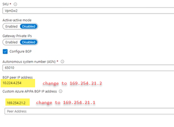 Cannot change BGP Peer IP in Virtual network gateway - Microsoft Q&A