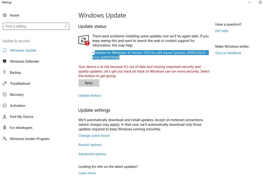 Win Update fail: Update for Windows 10 Version 1703 for x64-based ...