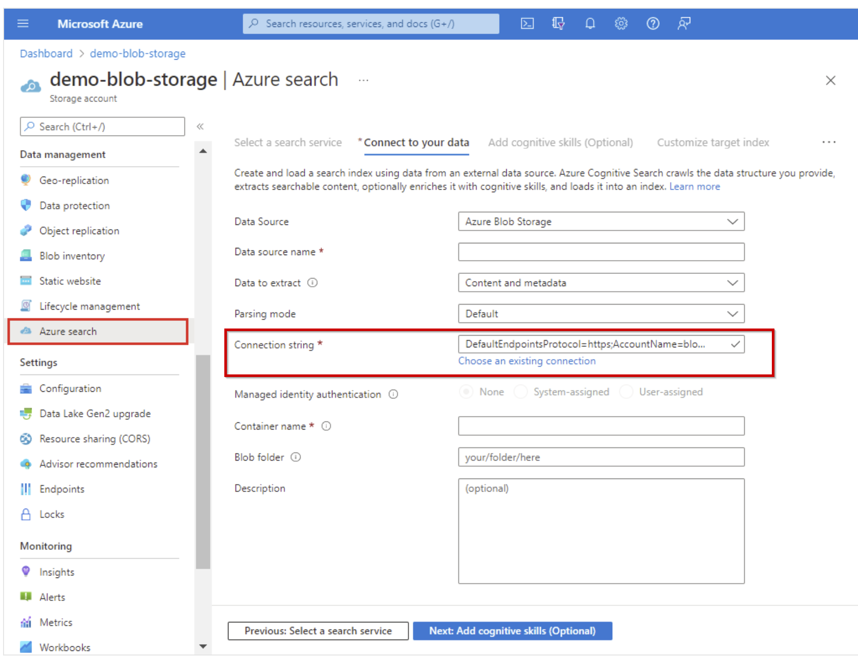 Azure Cognitive Search connection