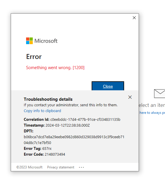 microsoft error something went wrong cannot get emails on office