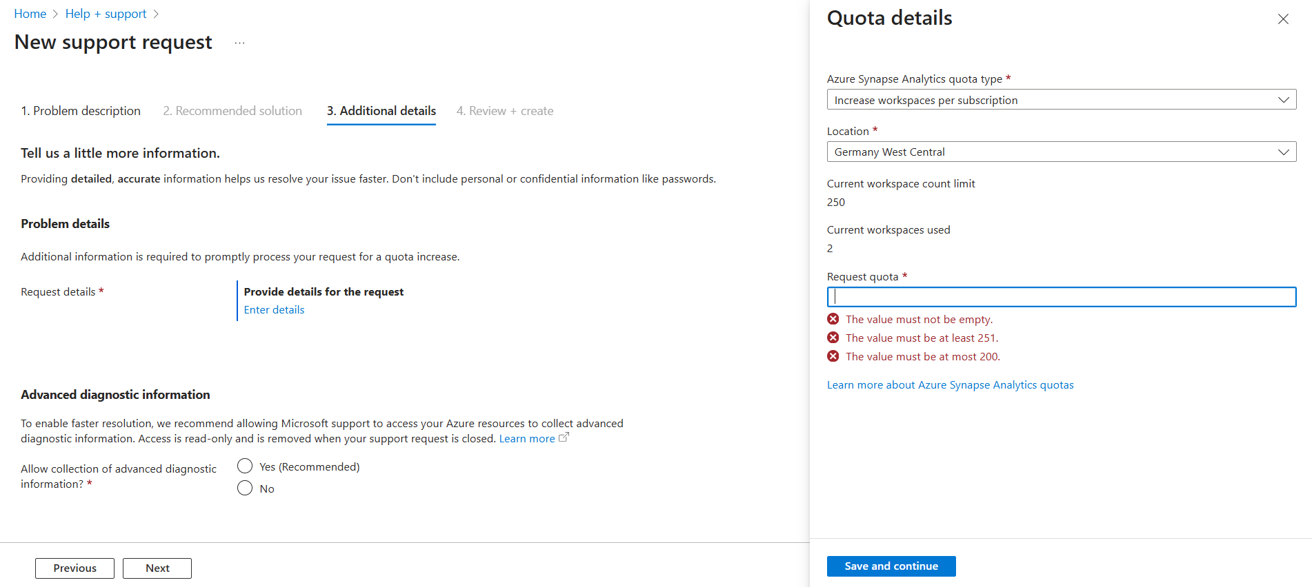 Azure Synapse Analytics Workspace Quota Increase Request has invalid ...