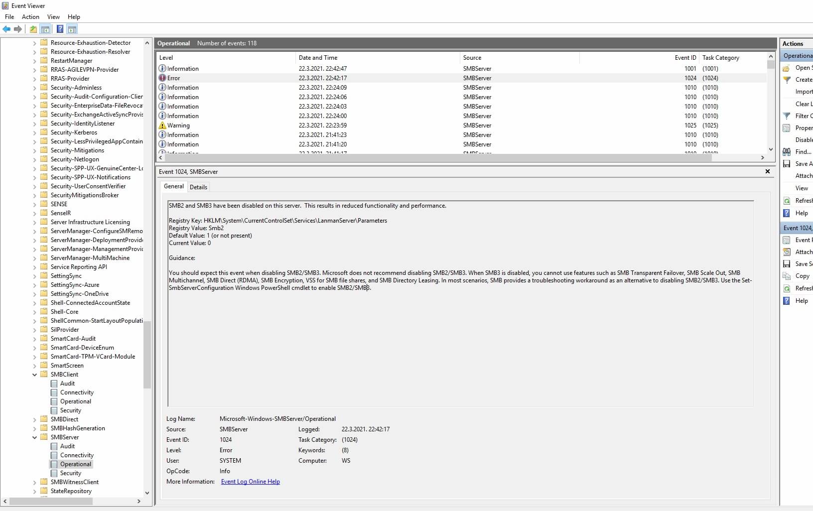 Windows server 2019 essentials automatically disables smb2 service when