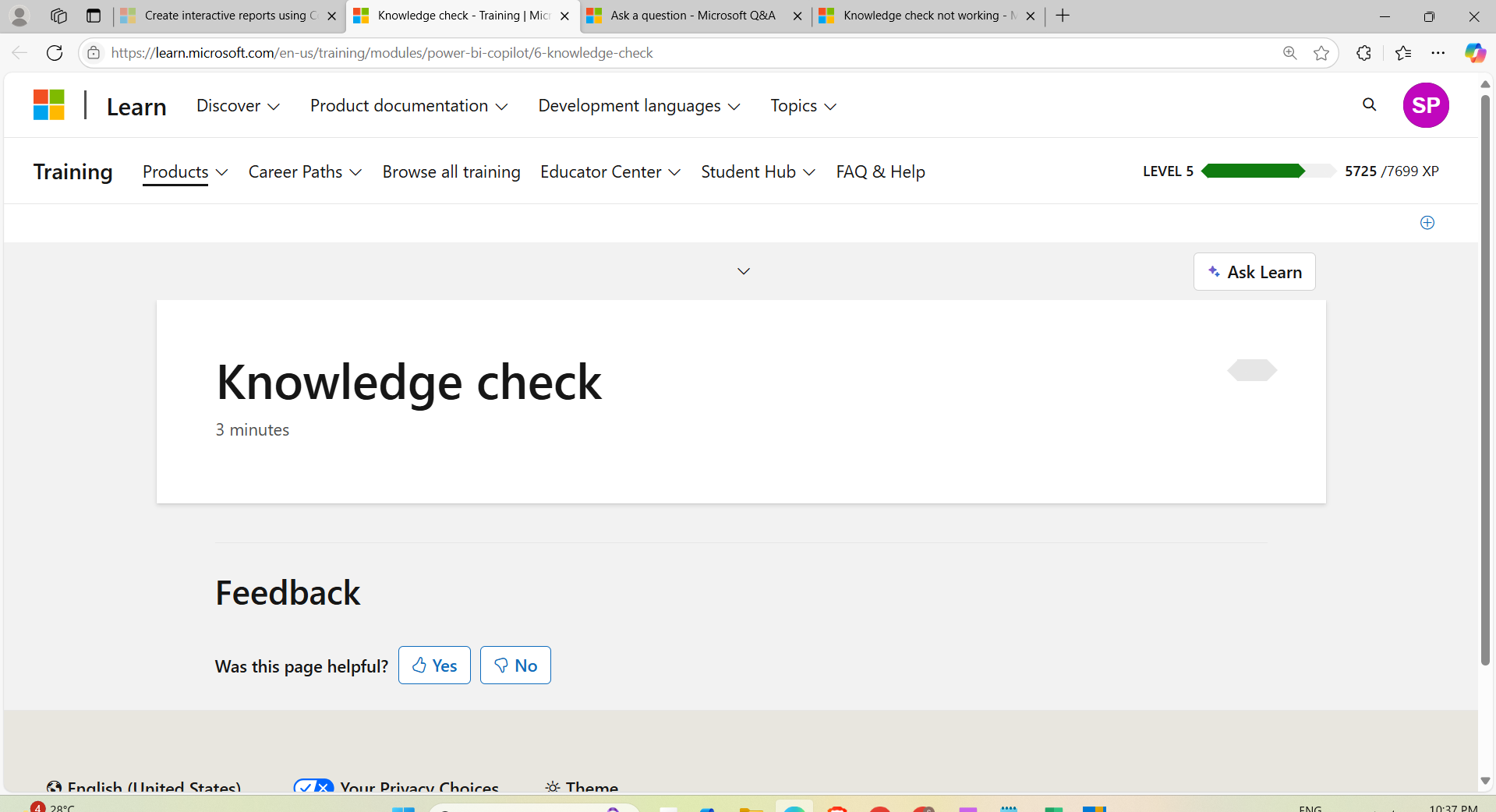 Knowledge Check Section is showing blank - Microsoft Q&A