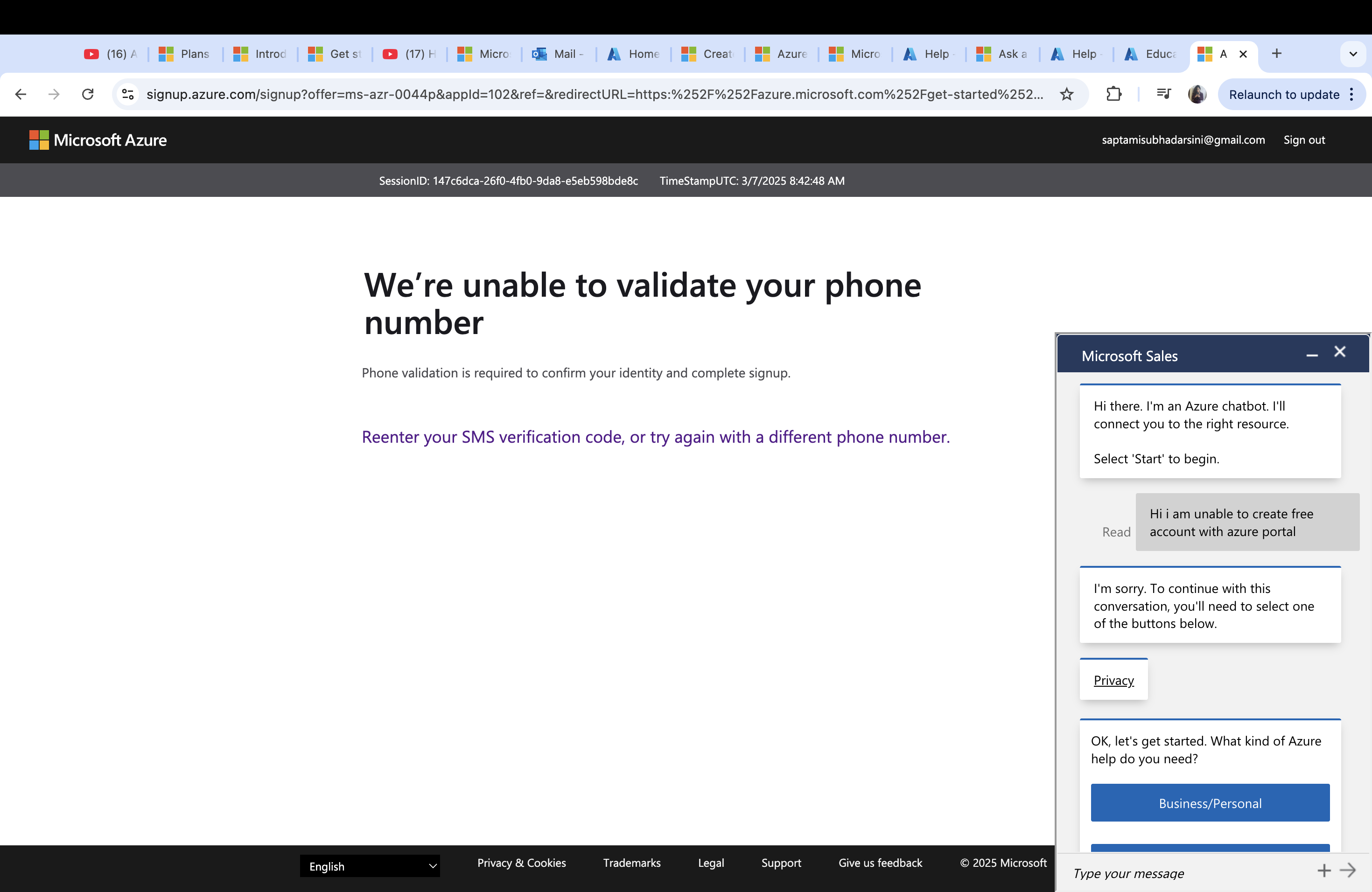 Unable to create azure portal account - Microsoft Q&A