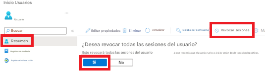 Inicio UsuariosUsuarioBuscarEditar propiedadesEliminarActualizarRestablecer contraseñaRevocar sesionesMaResumen¿Desea revocar todas las sesiones del usuario?Registros de auditoríaEsto revocará todas las sesiones del usuario, lo que requerirá que el usuario vuelva a iniciar sesión desde todos los dispositivos.Registros de inicio de sesiónSíNo