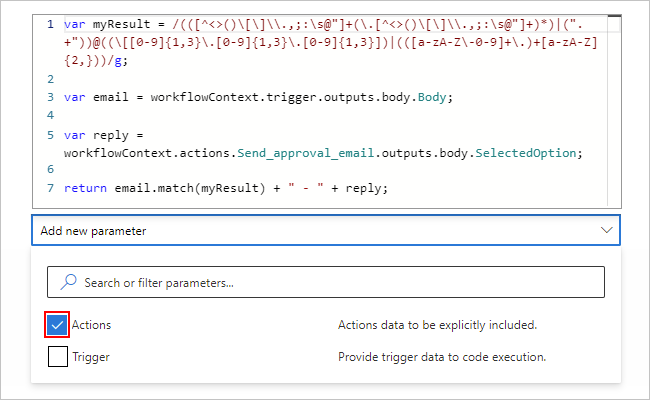 Screenshot showing the Inline Code action and "Actions" parameter selected.