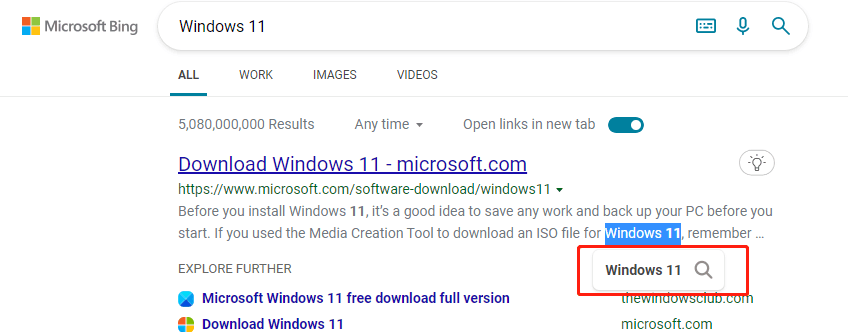Bing - From search results, if i select a text, i get a small popup ...