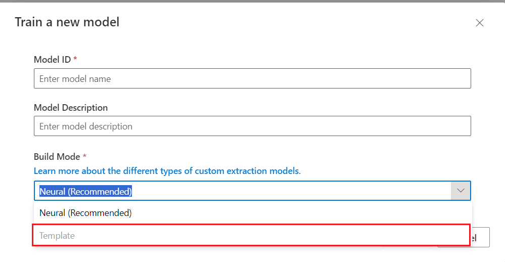 Custom Extraction Model | Train a new Model | Build Mode "Template" not  available - Microsoft Q&A