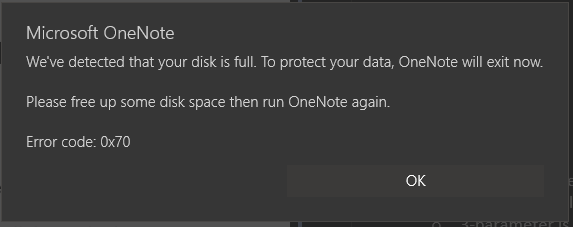 [OneNote 4 W10 problems] We've detected that your disk is full. To ...