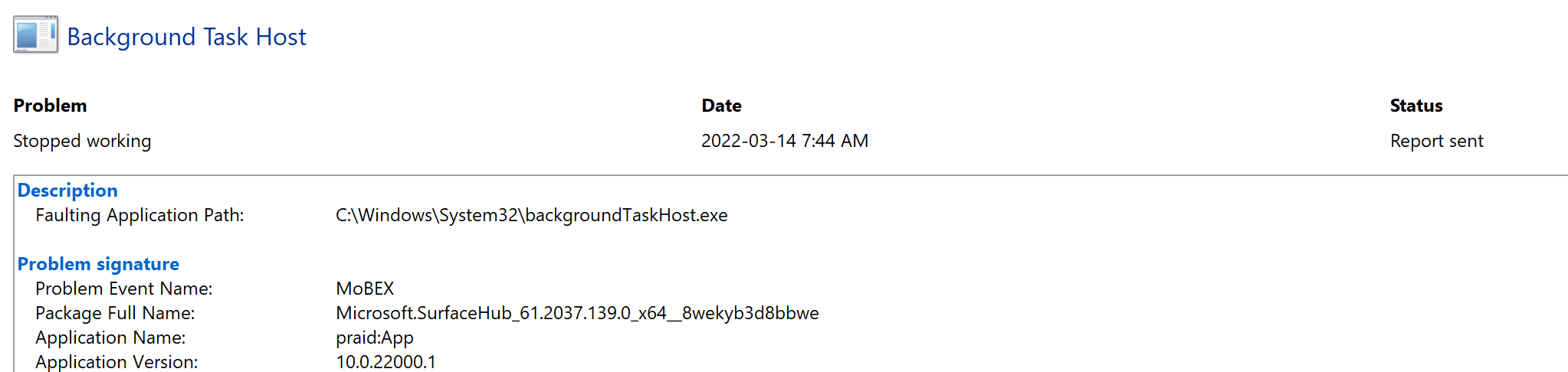 Background task host application error per reliability report ...