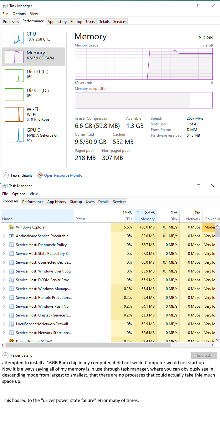Crashing: driver power state failure, faulty RAM, driver errors