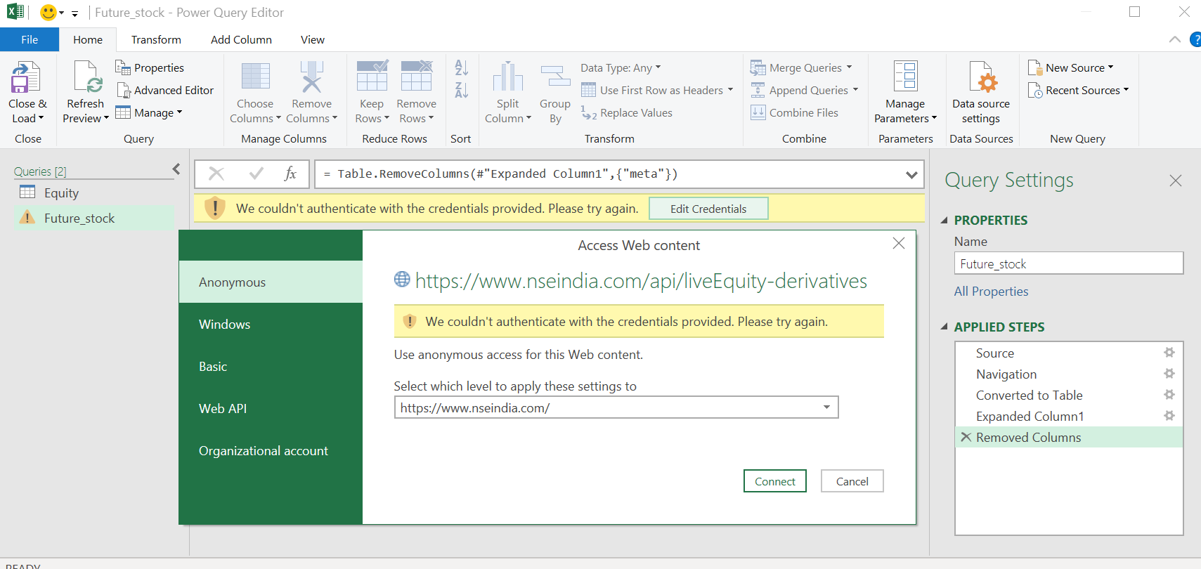 access-web-content-could-not-authenticate-in-excel-2019-power-query