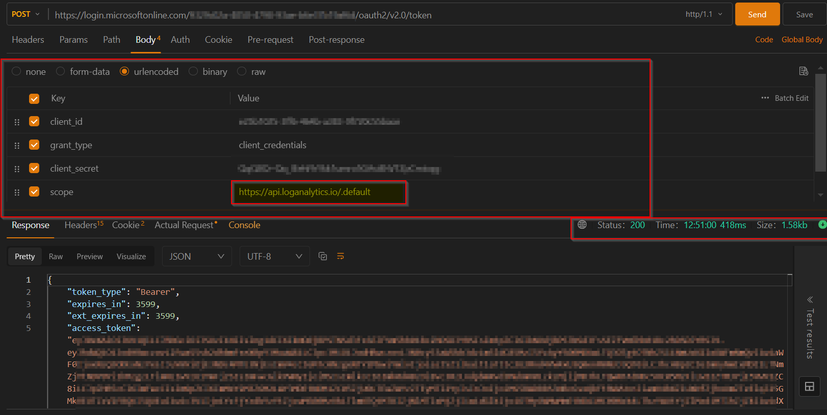 Unable to access StorageBloblogs data via Log Analytics API via Postman ...