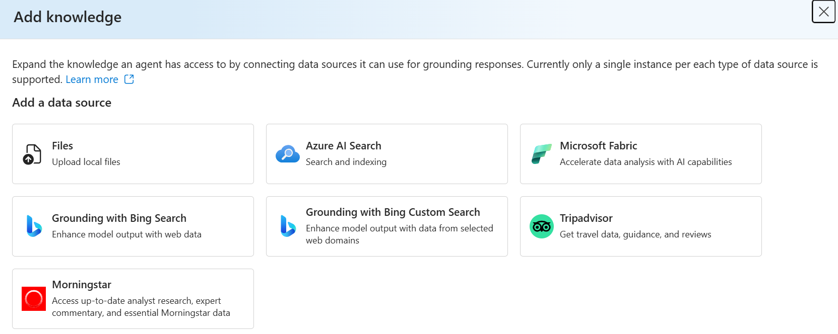 A screenshot showing the available knowledge tools in the Azure AI Foundry portal.