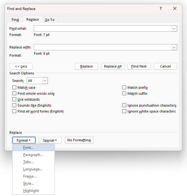 Word macro that will change all the text of a certain size to another ...
