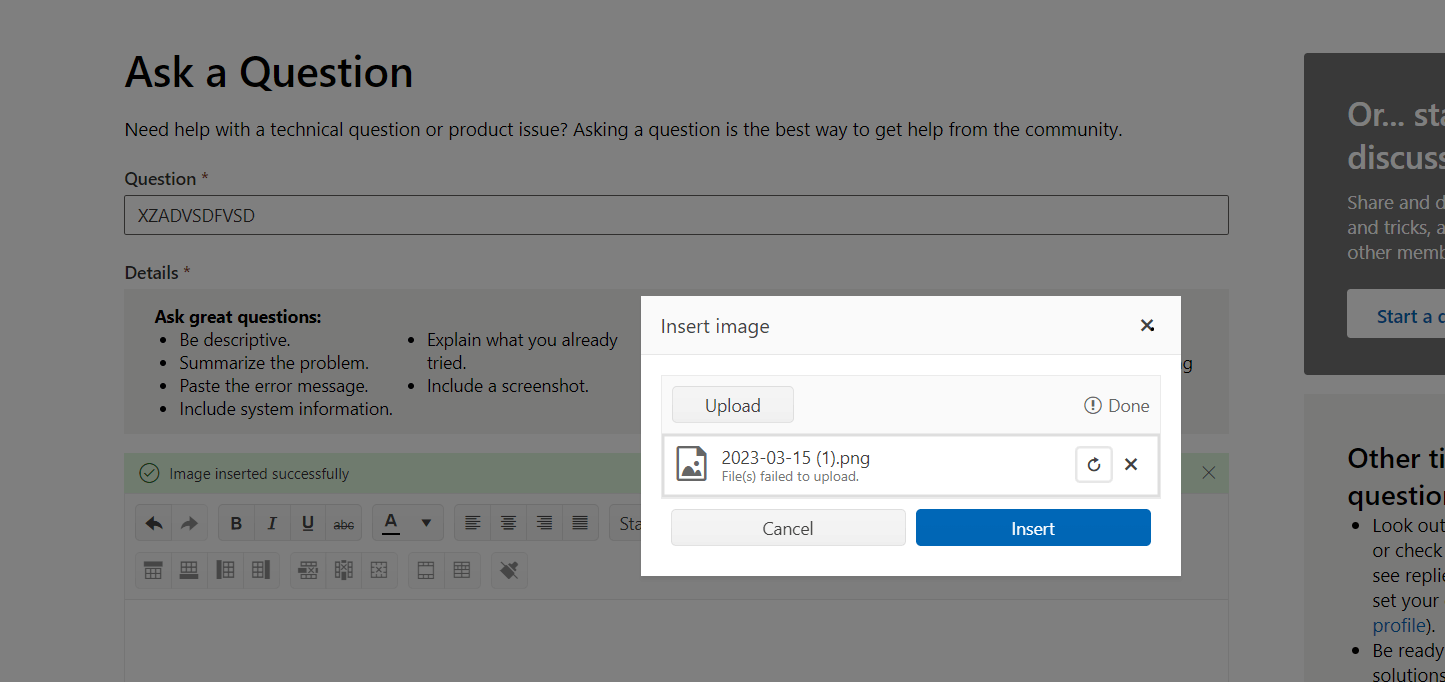 Insert image is failing to upload - Microsoft Q&A