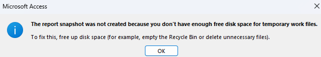MS Access Export to PDF - Event ID 300 - The report snapshot was not ...