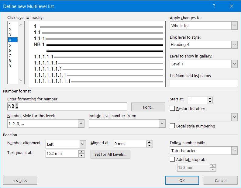 Using Multi-level list to insert text beside a number, and cross ...