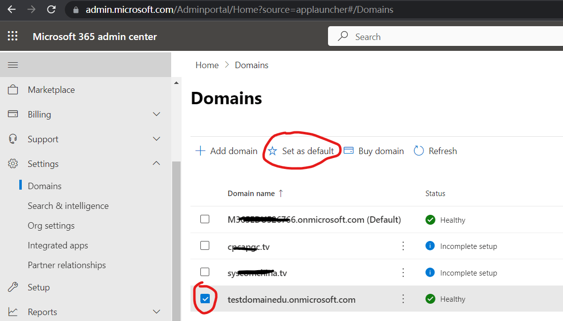 Office Admin - Domains - How to change the default and correct settings ...