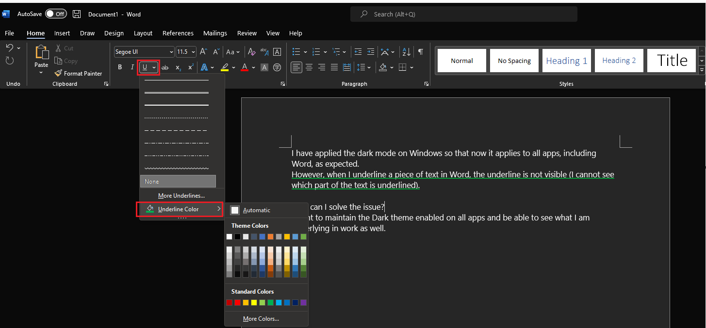 Text underline is not visible in Word with Dark Theme enabled ...