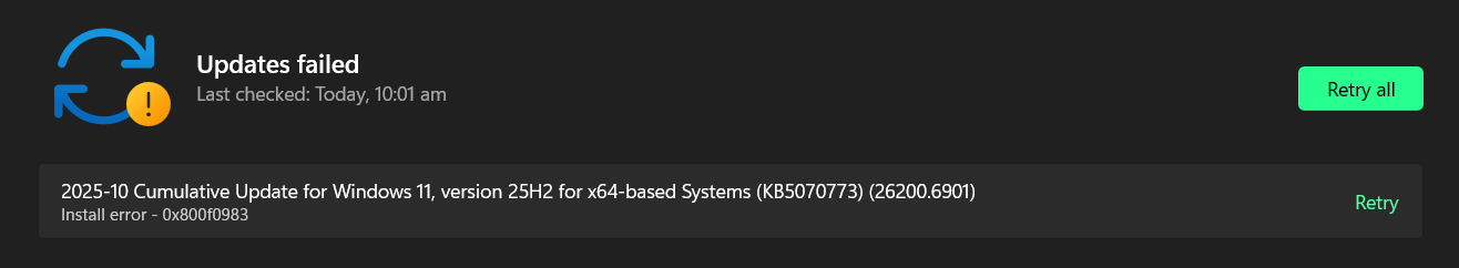 Install error - 0x800f0983 Windows 11 update