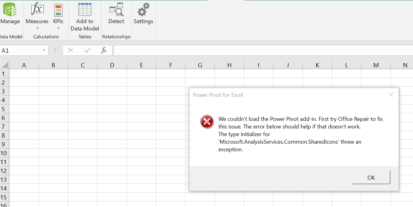 Excel 2016 - Power Pivot; Error when trying to open 
