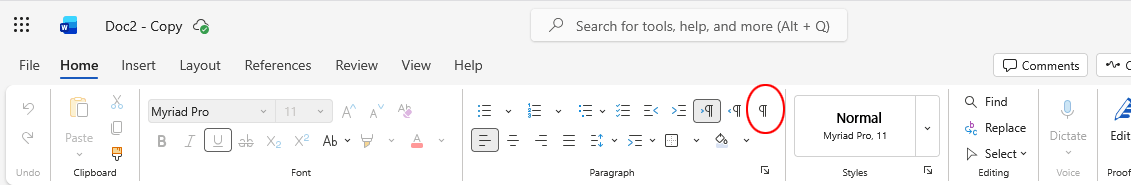 Backward P icon in Word for the Web